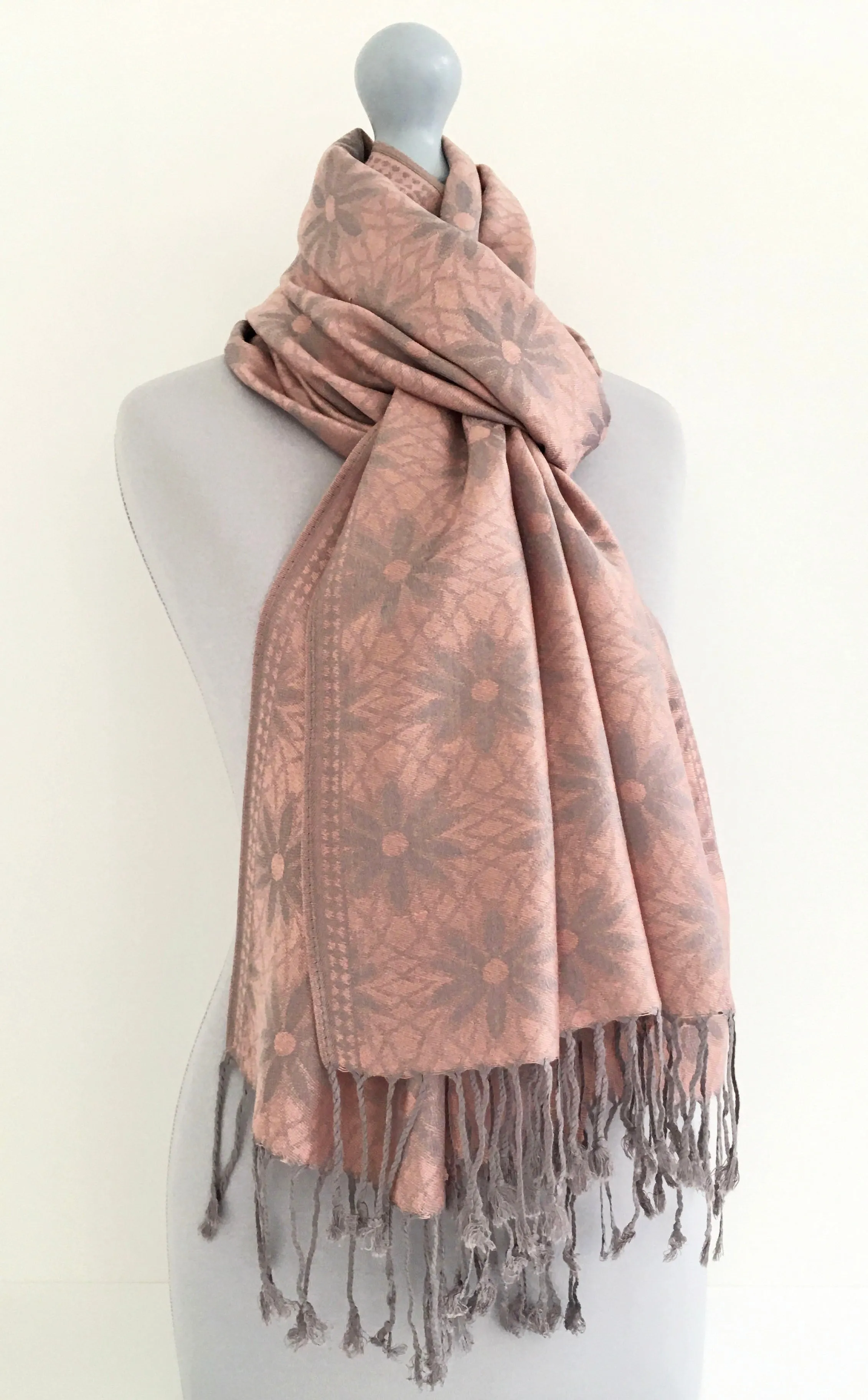 LARGE ROSE GOLD FLORAL DAISY PRINT GEOMETRIC REVERSIBLE PASHMINA SHAWL SCARF