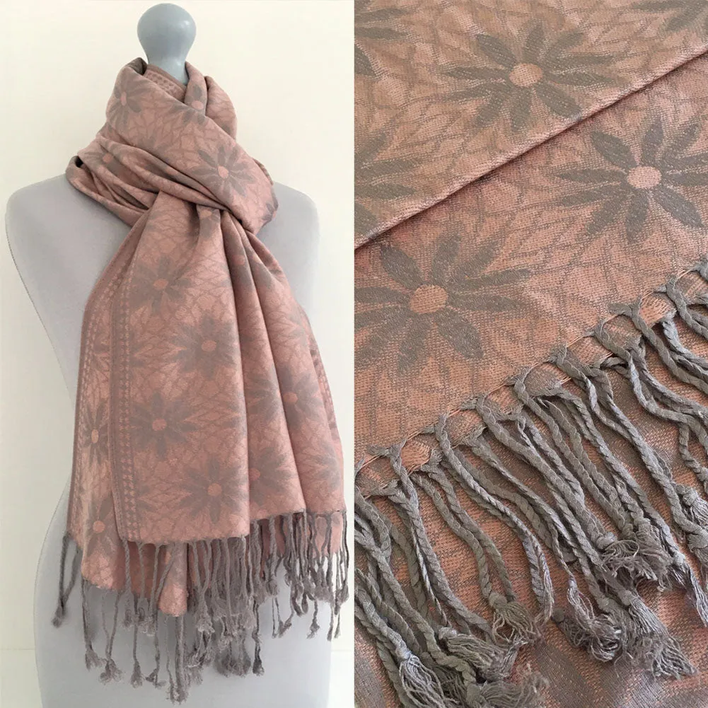 LARGE ROSE GOLD FLORAL DAISY PRINT GEOMETRIC REVERSIBLE PASHMINA SHAWL SCARF