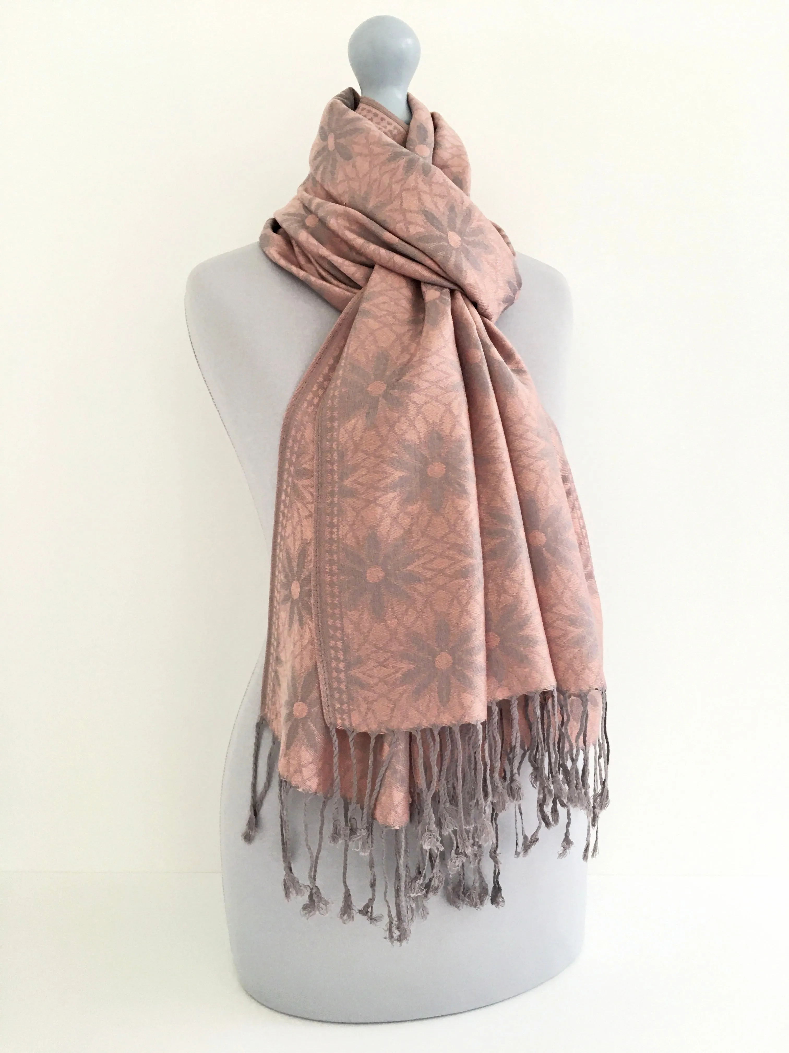 LARGE ROSE GOLD FLORAL DAISY PRINT GEOMETRIC REVERSIBLE PASHMINA SHAWL SCARF