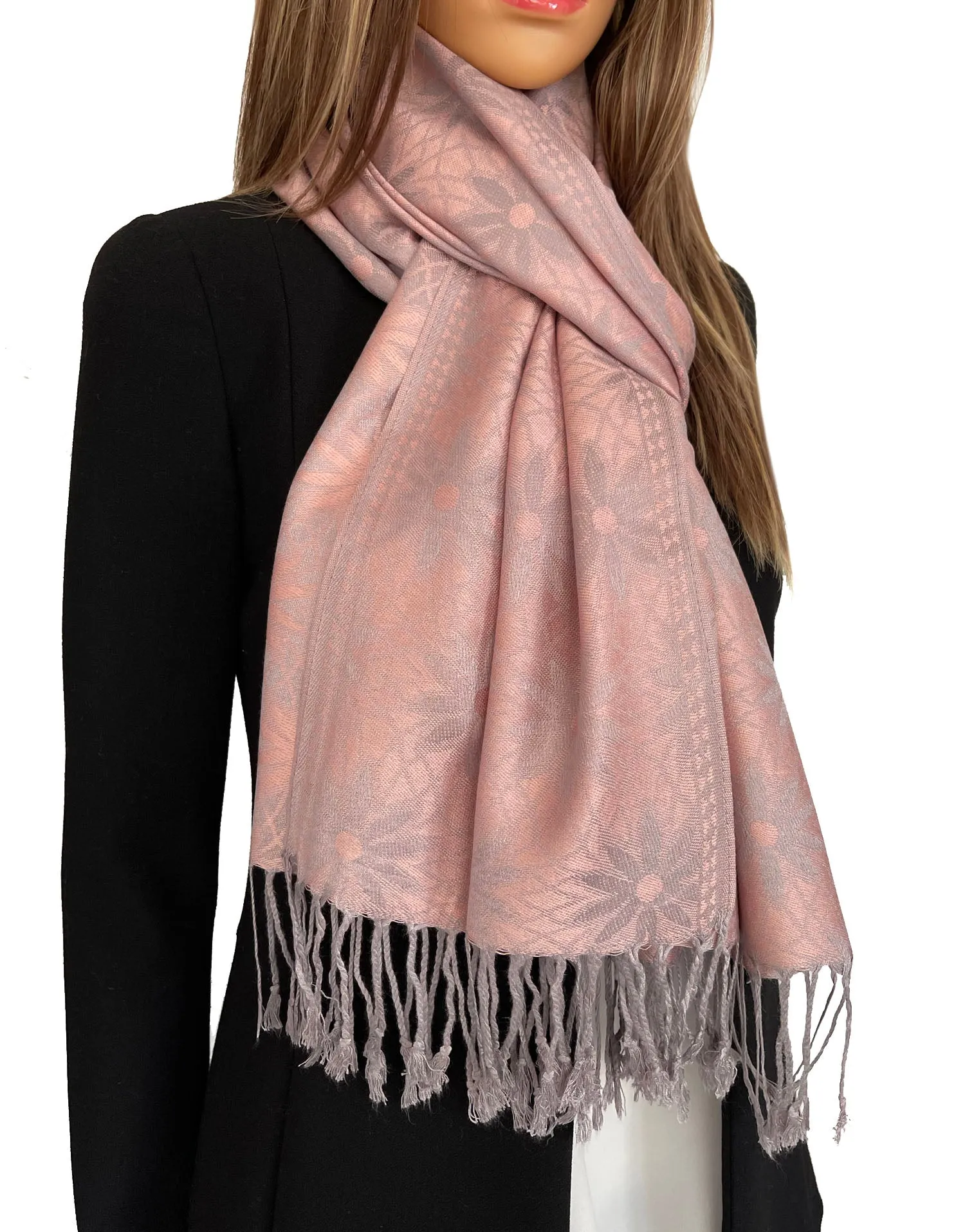 LARGE ROSE GOLD FLORAL DAISY PRINT GEOMETRIC REVERSIBLE PASHMINA SHAWL SCARF