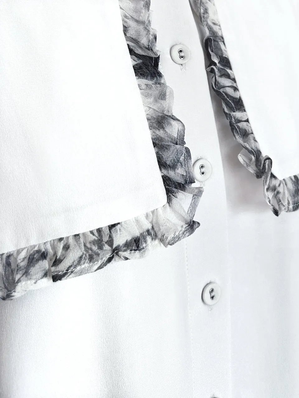 Last Chance! New Colour! White/ Print Ruffle Collared Silk Shirt