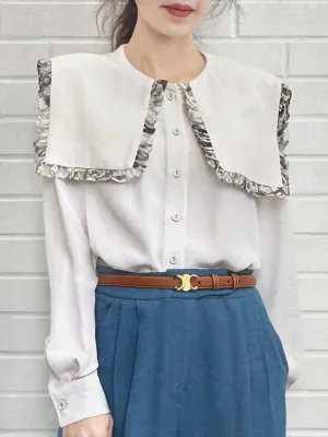 Last Chance! New Colour! White/ Print Ruffle Collared Silk Shirt