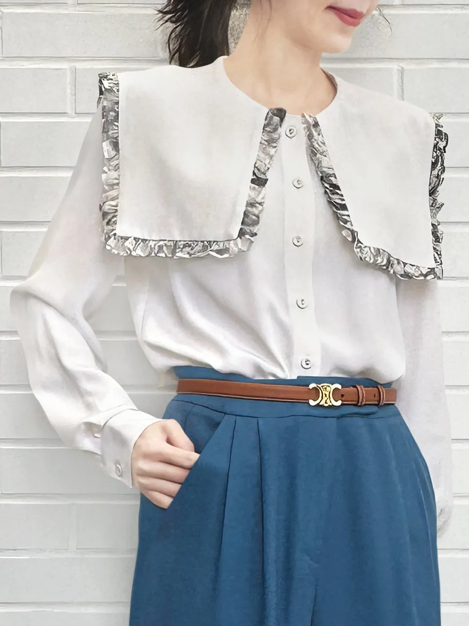 Last Chance! New Colour! White/ Print Ruffle Collared Silk Shirt