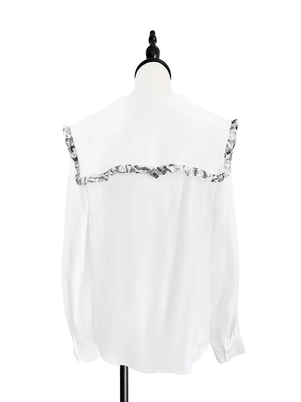 Last Chance! New Colour! White/ Print Ruffle Collared Silk Shirt