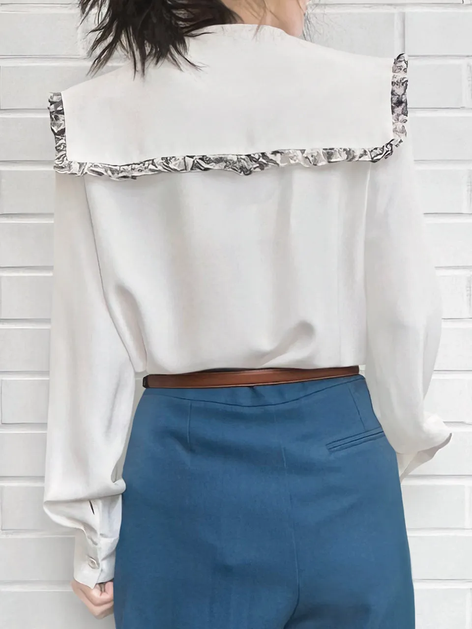 Last Chance! New Colour! White/ Print Ruffle Collared Silk Shirt