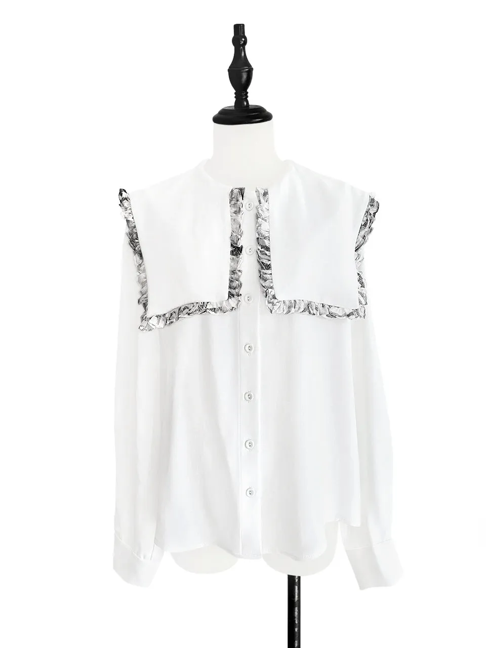 Last Chance! New Colour! White/ Print Ruffle Collared Silk Shirt