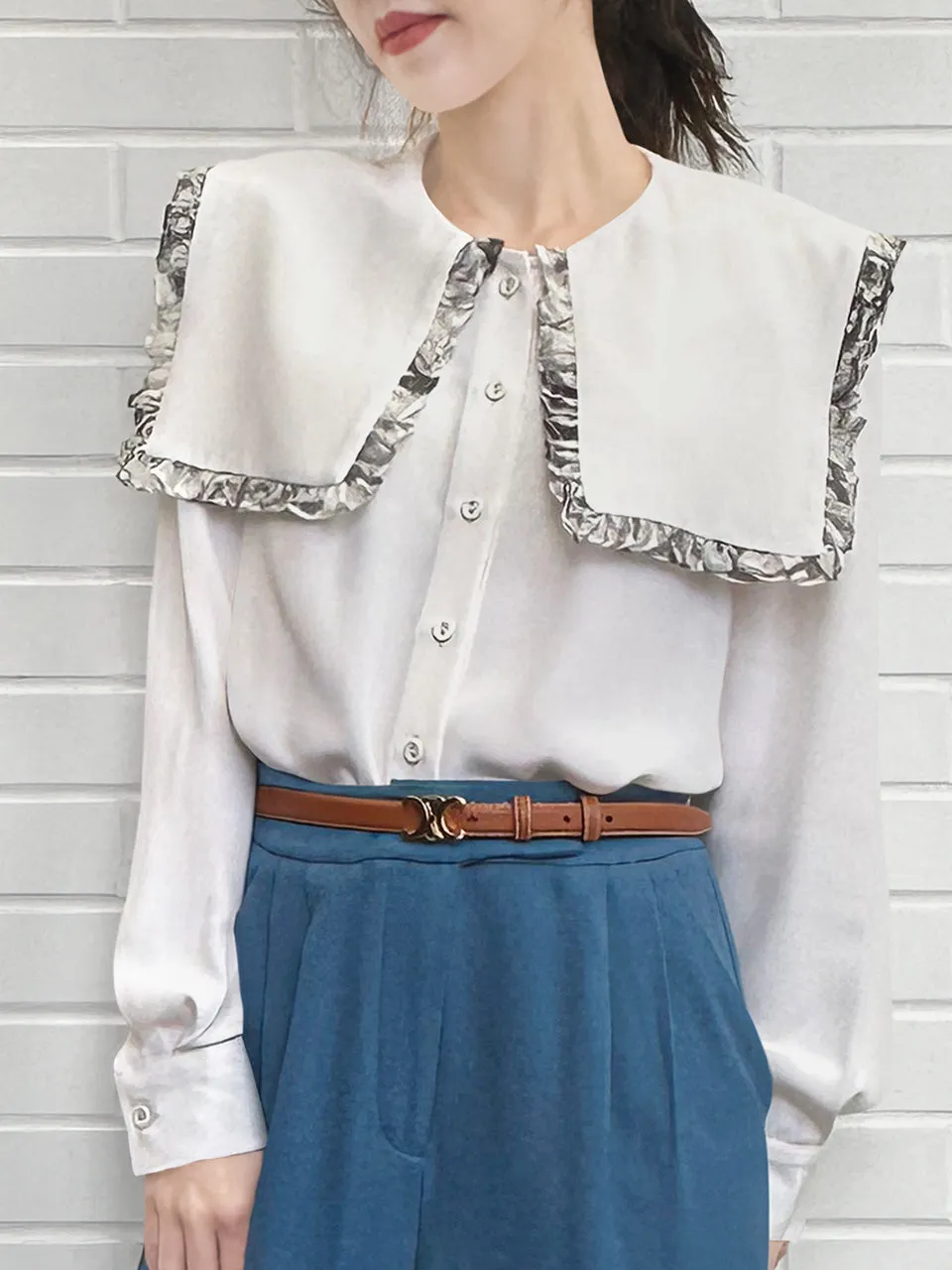 Last Chance! New Colour! White/ Print Ruffle Collared Silk Shirt