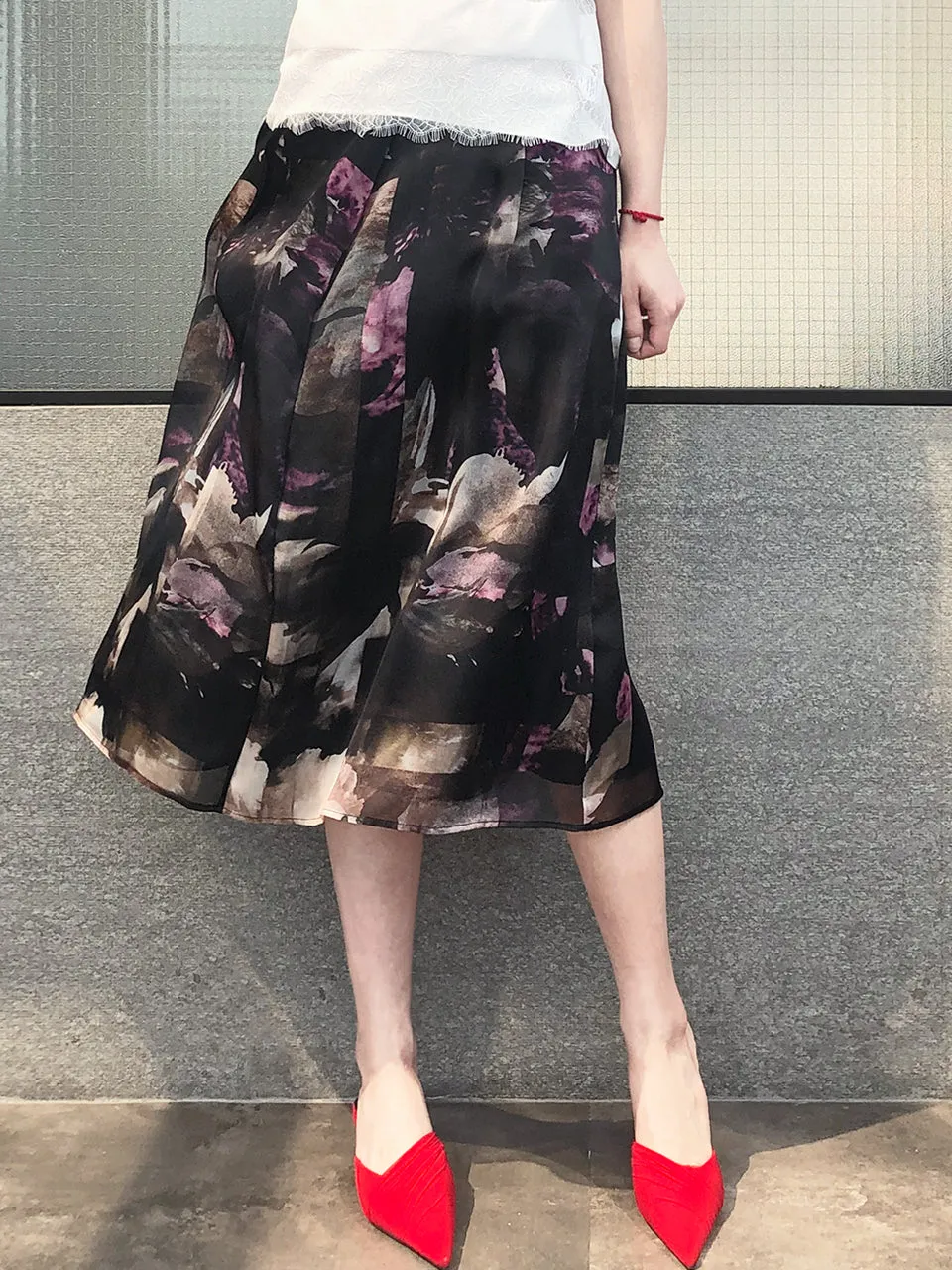 Last Chance! Pretty Floral Painted Overlay Pleated Silk Midi Skirt