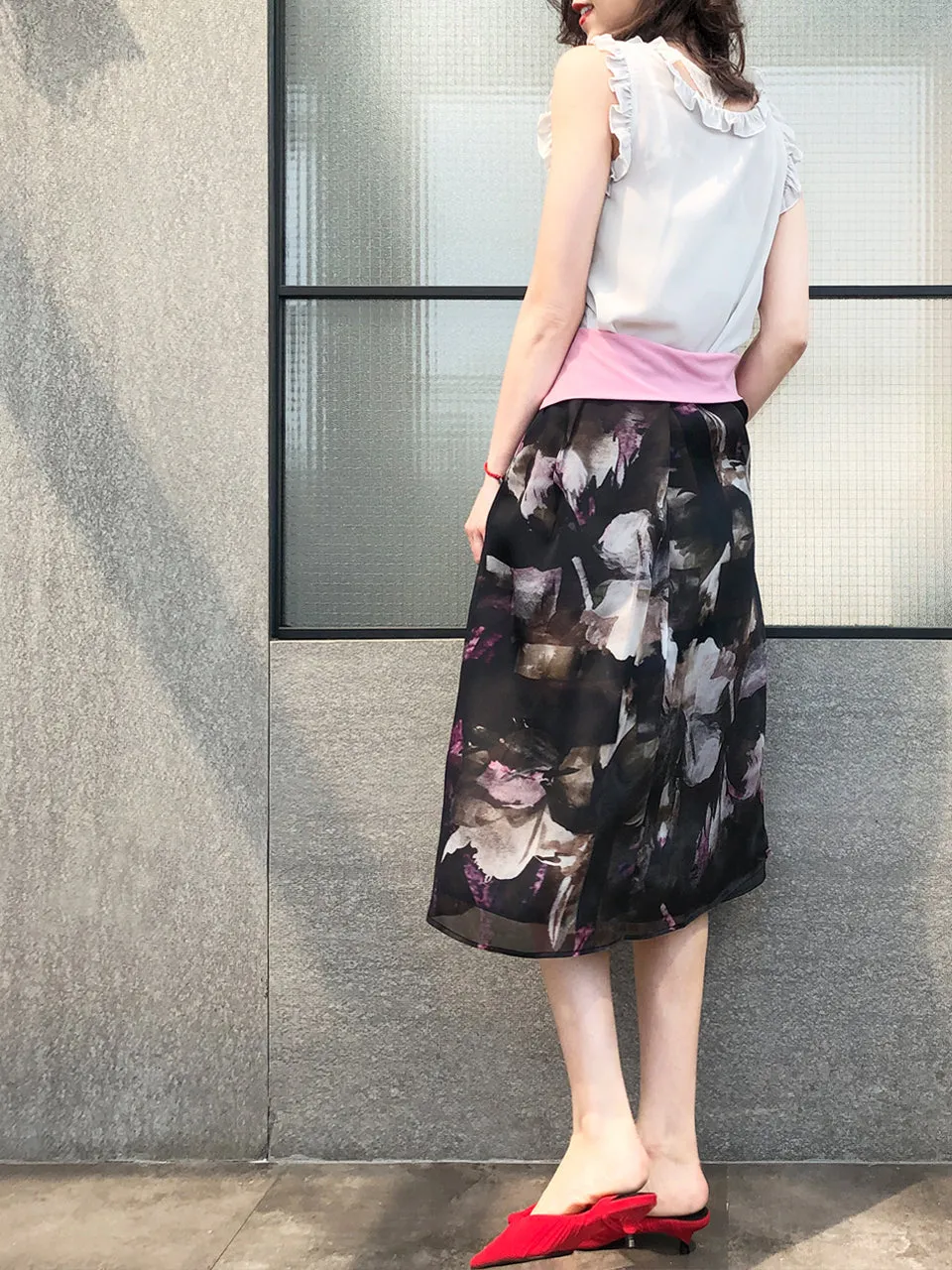 Last Chance! Pretty Floral Painted Overlay Pleated Silk Midi Skirt