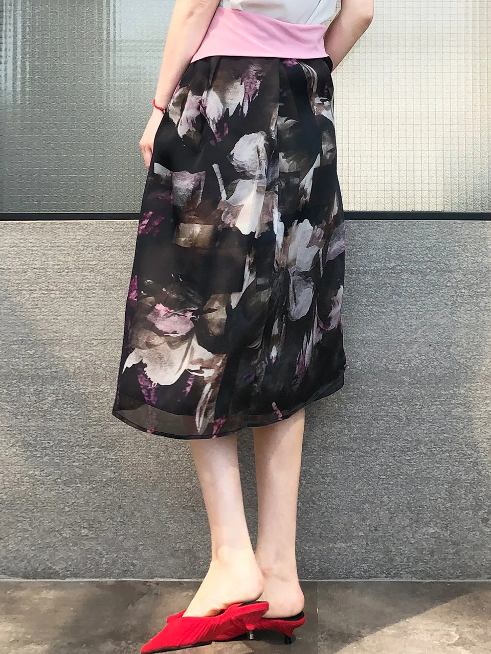 Last Chance! Pretty Floral Painted Overlay Pleated Silk Midi Skirt