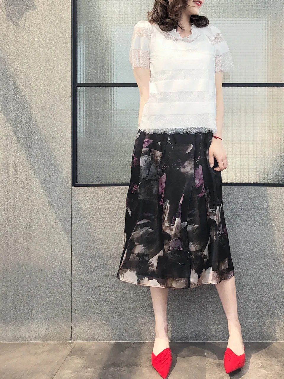 Last Chance! Pretty Floral Painted Overlay Pleated Silk Midi Skirt