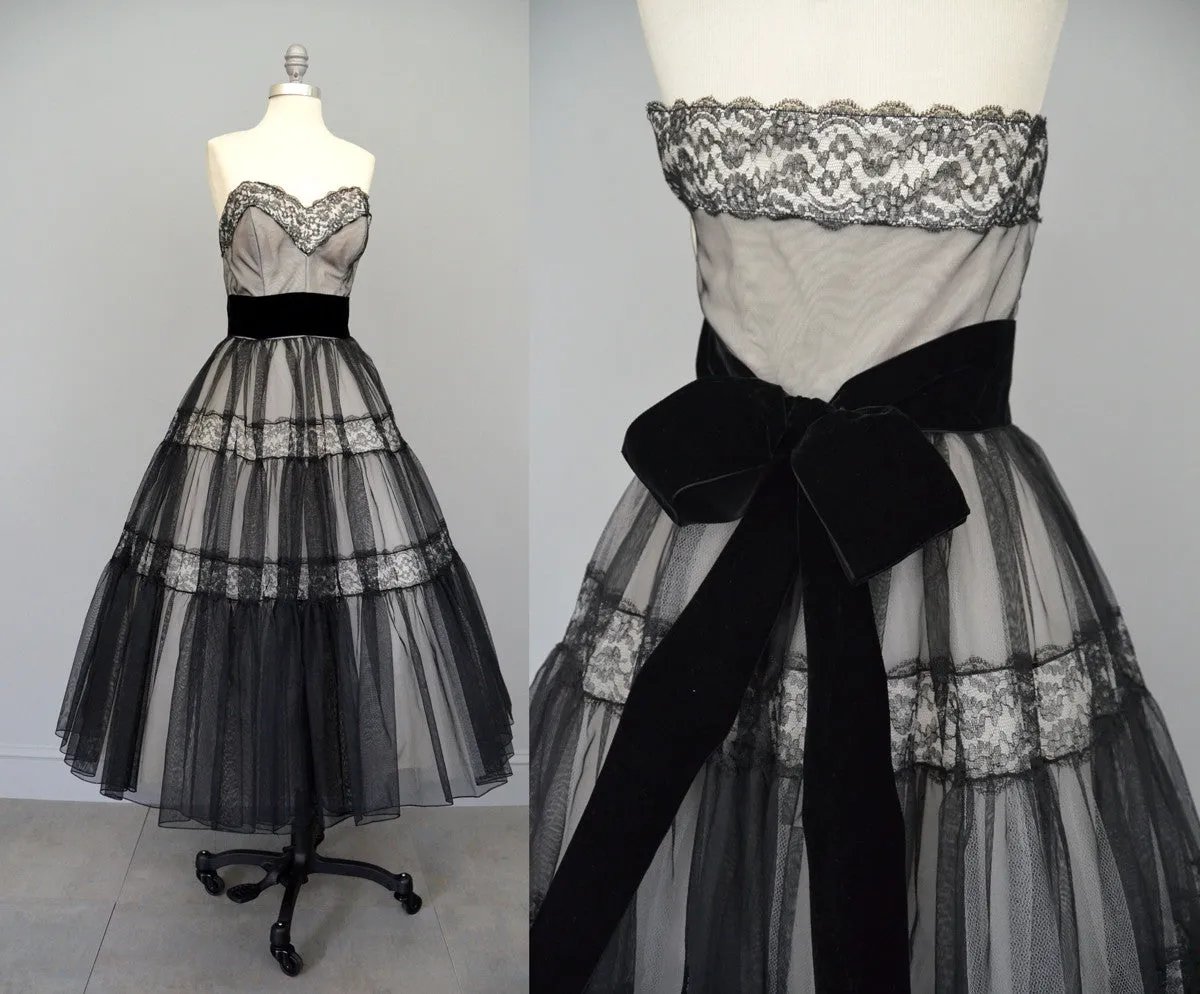 Layaway 1950s Black Lace and Chiffon Party Prom Dress