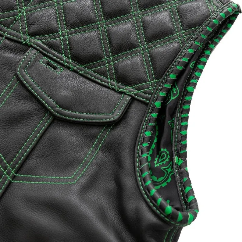 Leather Vest ,Mens Hunt Club Green Diamond Quilted Black Paisley Leather Build Denim Style Rider Motorcycle Leather Vest, Mens Vest