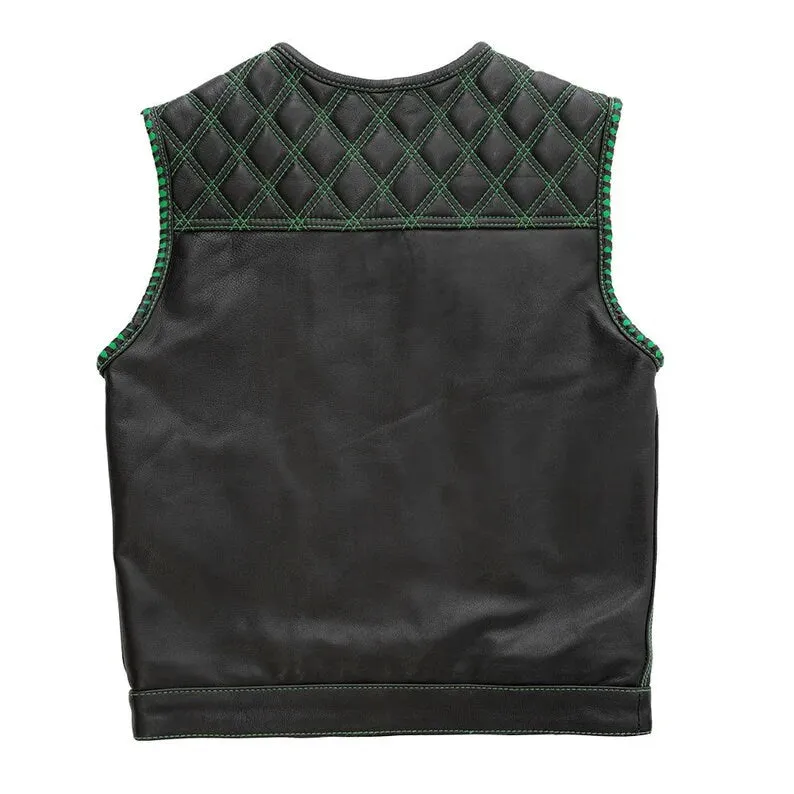 Leather Vest ,Mens Hunt Club Green Diamond Quilted Black Paisley Leather Build Denim Style Rider Motorcycle Leather Vest, Mens Vest