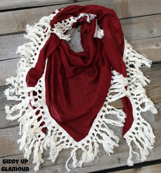 Maroon Scarf with Ivory Tassel Trim