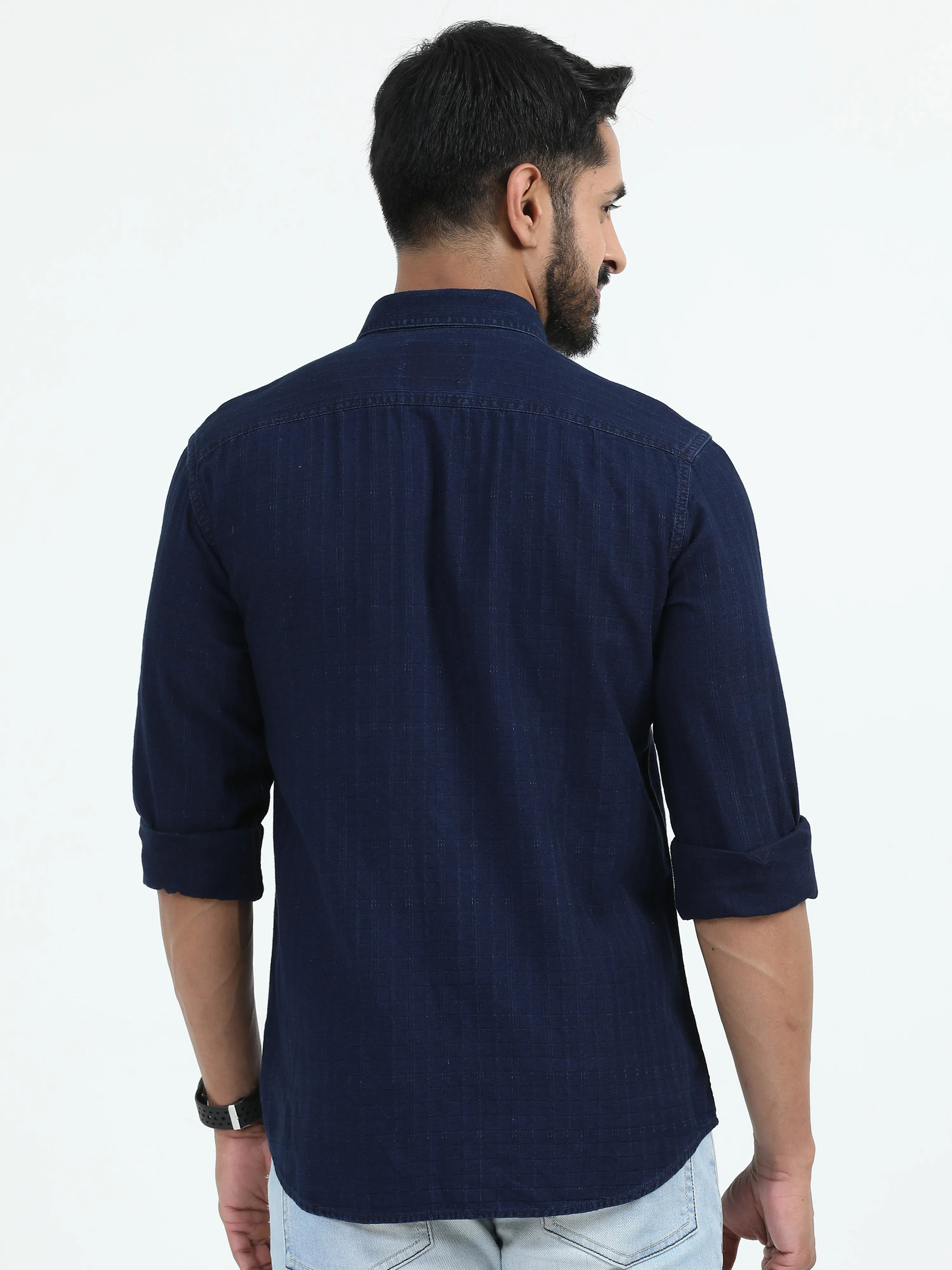 MEN'S BLUE SOLID SLIM FIT DENIM SHIRT