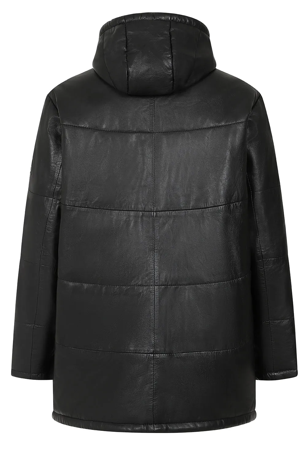 Men's Genuine Black Leather ¾ Length Coat with Hood - 'MASSEY'