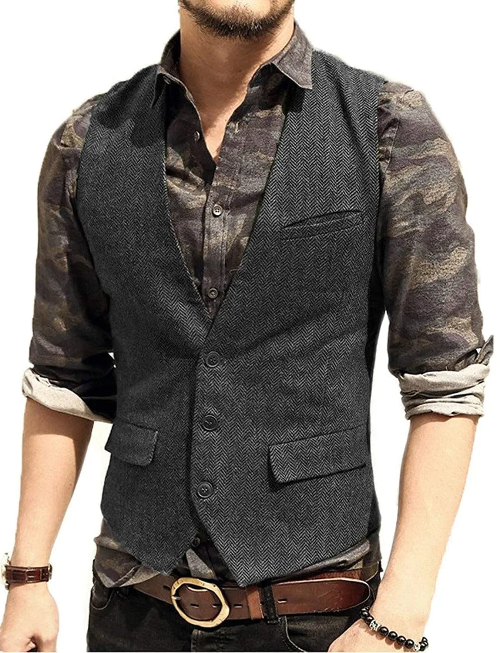 Men's Slim Fit Solid Herringbone V Neck Waistcoat