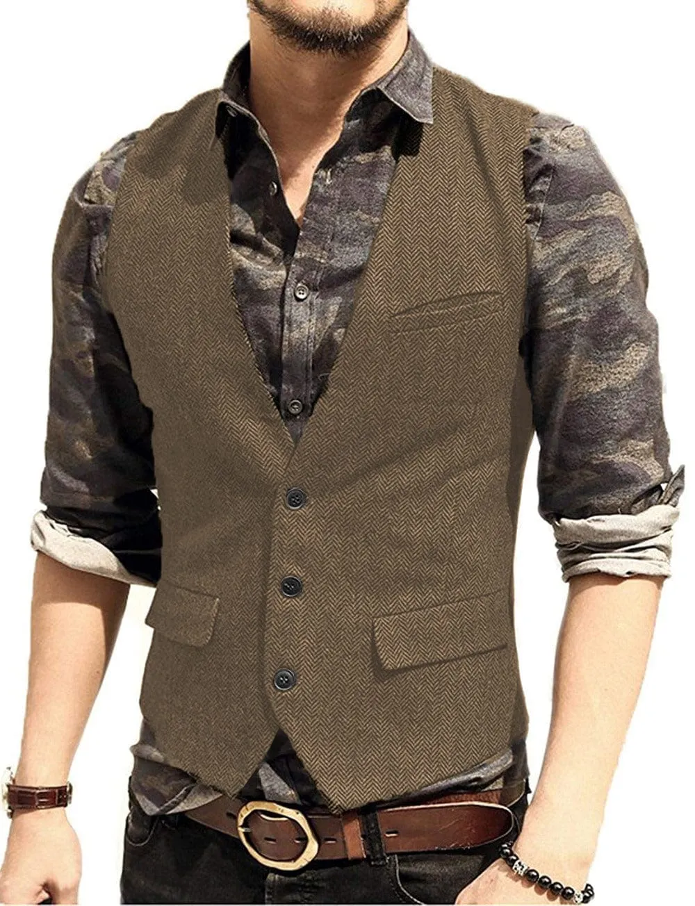 Men's Slim Fit Solid Herringbone V Neck Waistcoat