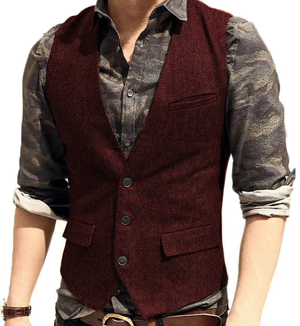 Men's Slim Fit Solid Herringbone V Neck Waistcoat