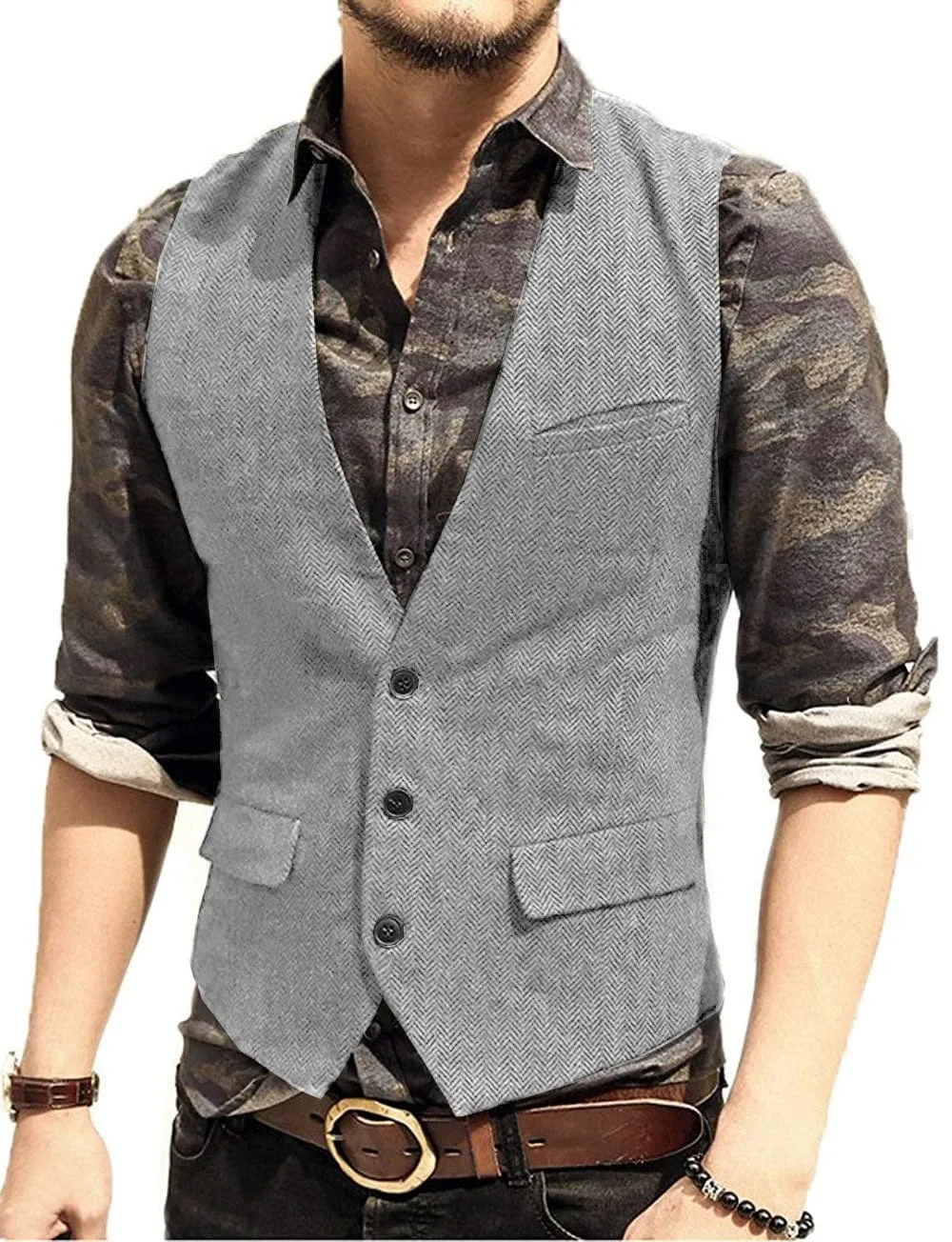 Men's Slim Fit Solid Herringbone V Neck Waistcoat