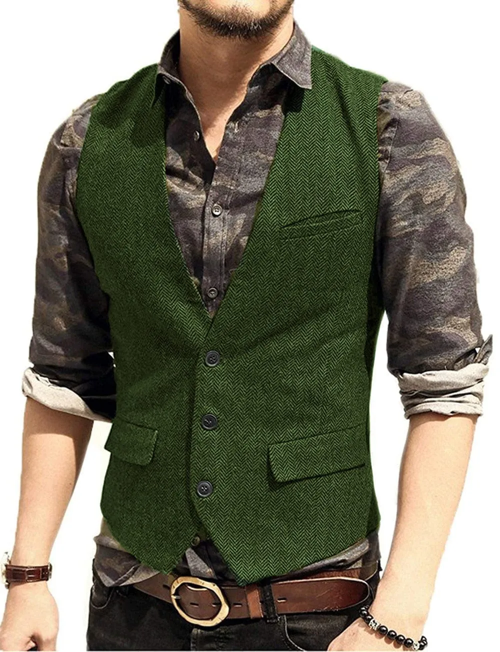 Men's Slim Fit Solid Herringbone V Neck Waistcoat