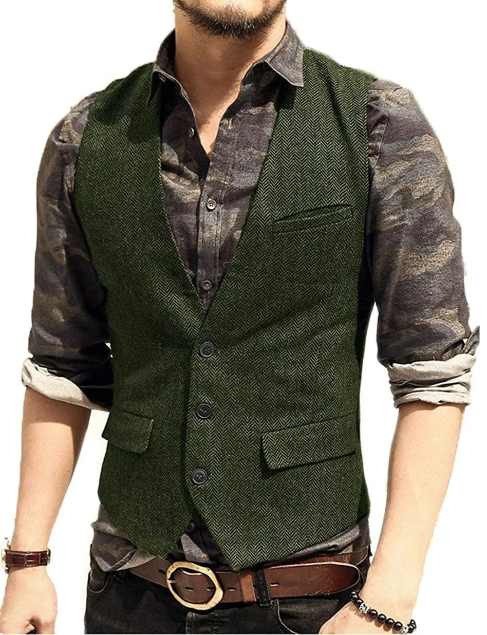 Men's Slim Fit Solid Herringbone V Neck Waistcoat