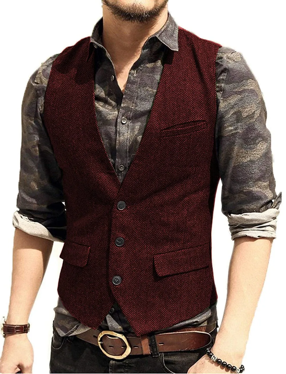 Men's Slim Fit Solid Herringbone V Neck Waistcoat