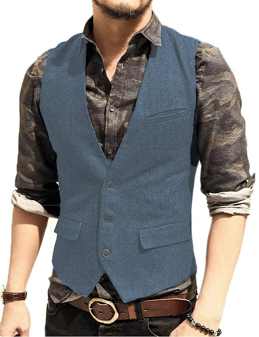 Men's Slim Fit Solid Herringbone V Neck Waistcoat