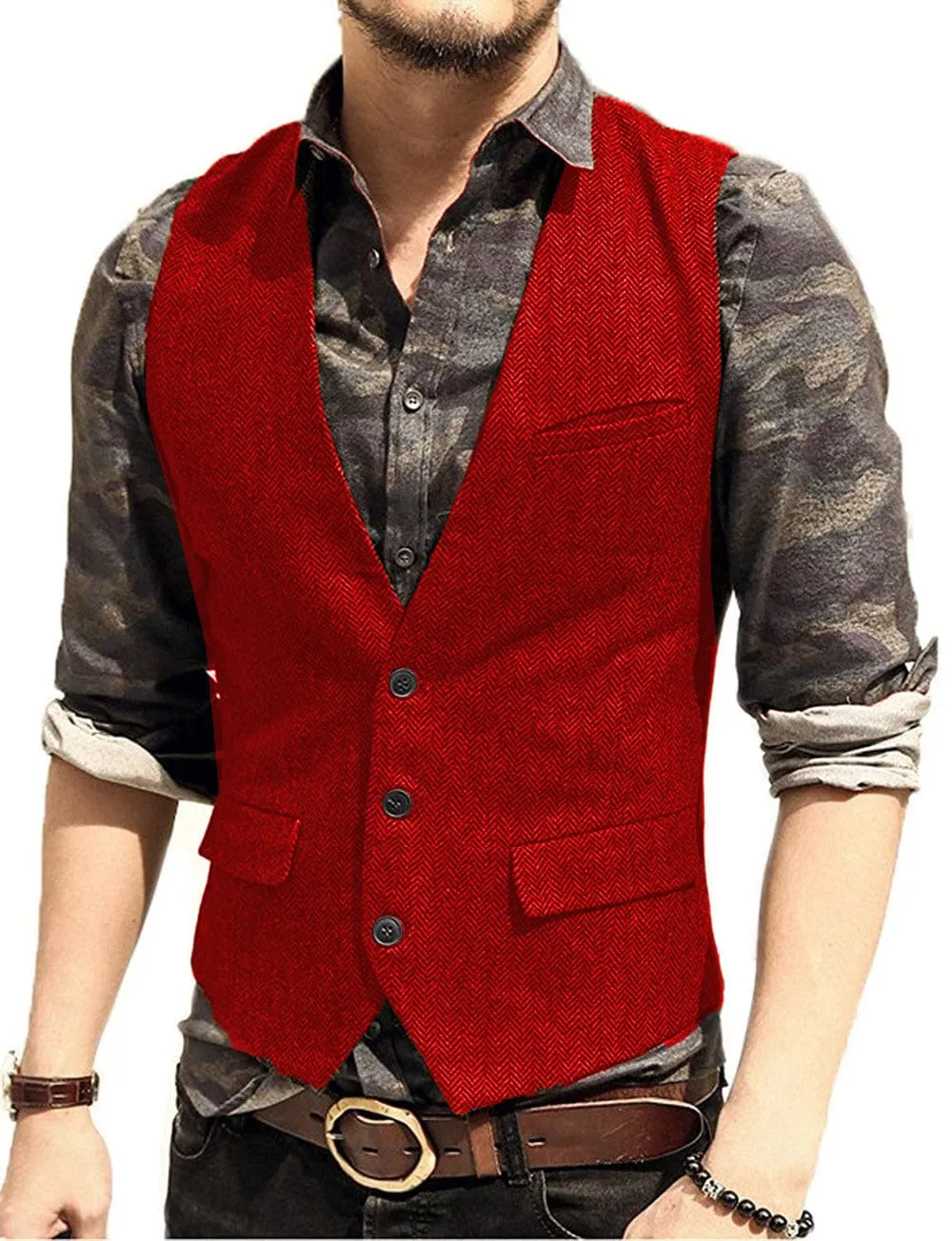 Men's Slim Fit Solid Herringbone V Neck Waistcoat