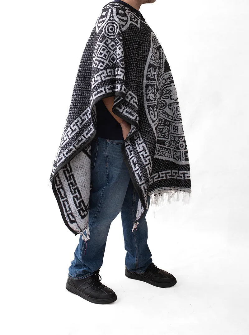 Mexican Poncho for Men - Aztek Calendar - BLACK