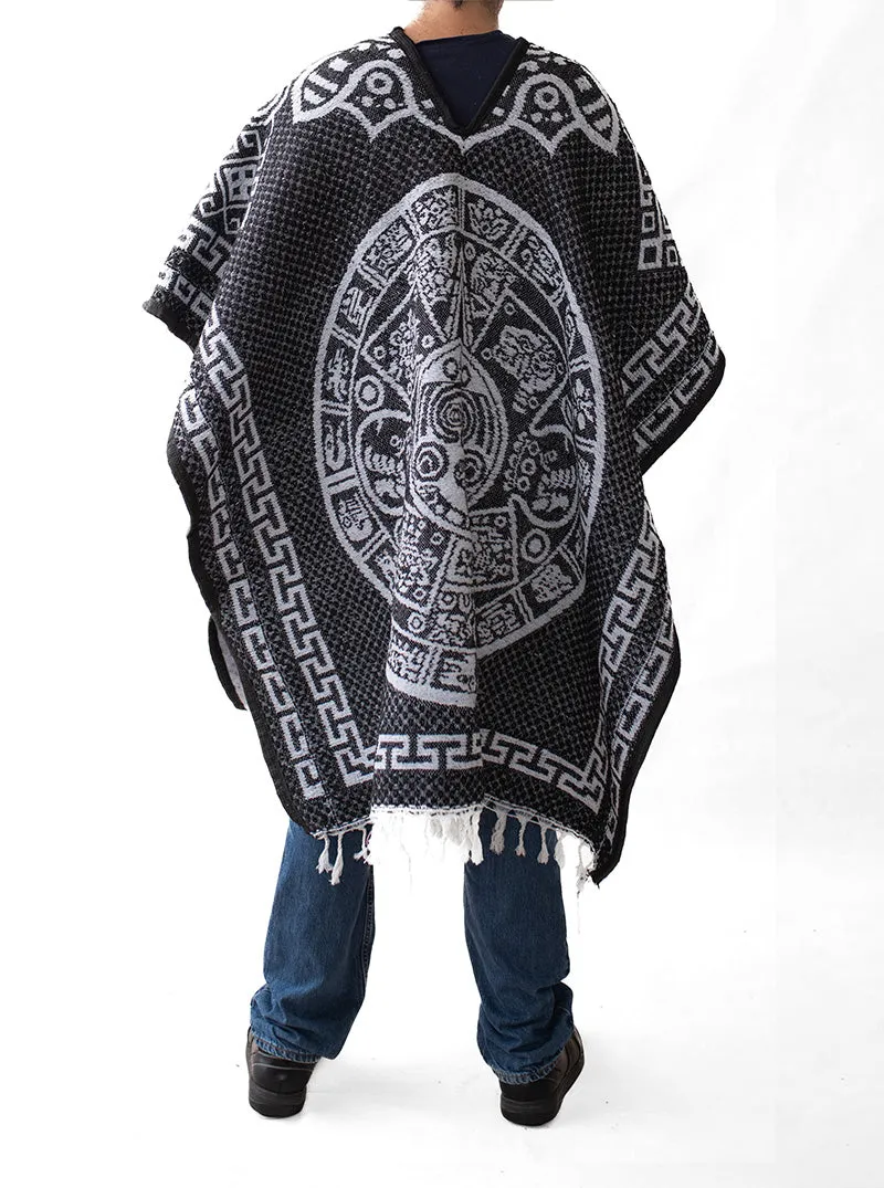 Mexican Poncho for Men - Aztek Calendar - BLACK