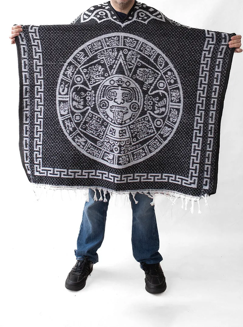 Mexican Poncho for Men - Aztek Calendar - BLACK