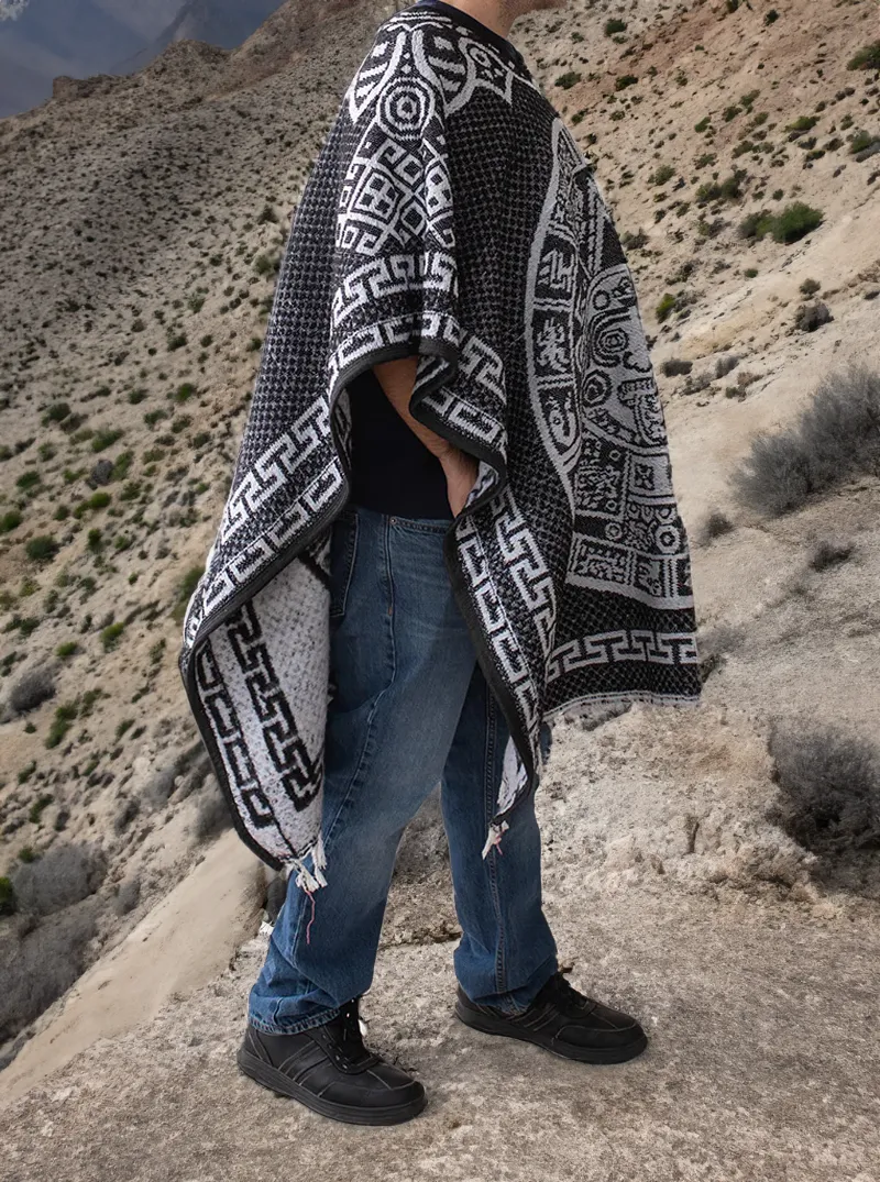 Mexican Poncho for Men - Aztek Calendar - BLACK