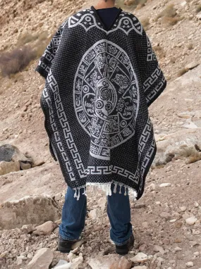 Mexican Poncho for Men - Aztek Calendar - BLACK