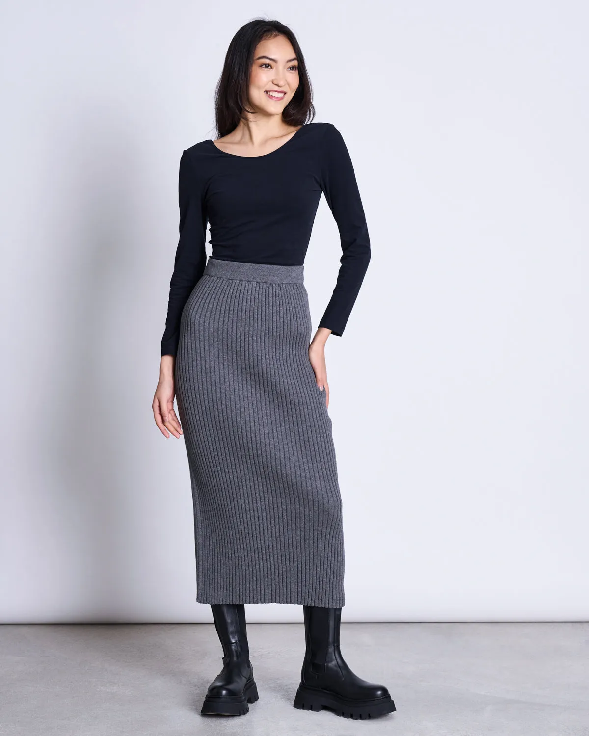 MIDI KNIT SKIRT EBBA DARK GREY GOTS