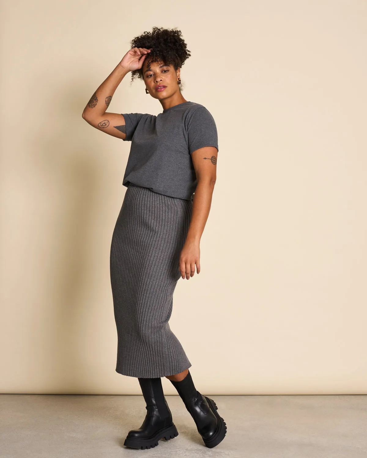 MIDI KNIT SKIRT EBBA DARK GREY GOTS