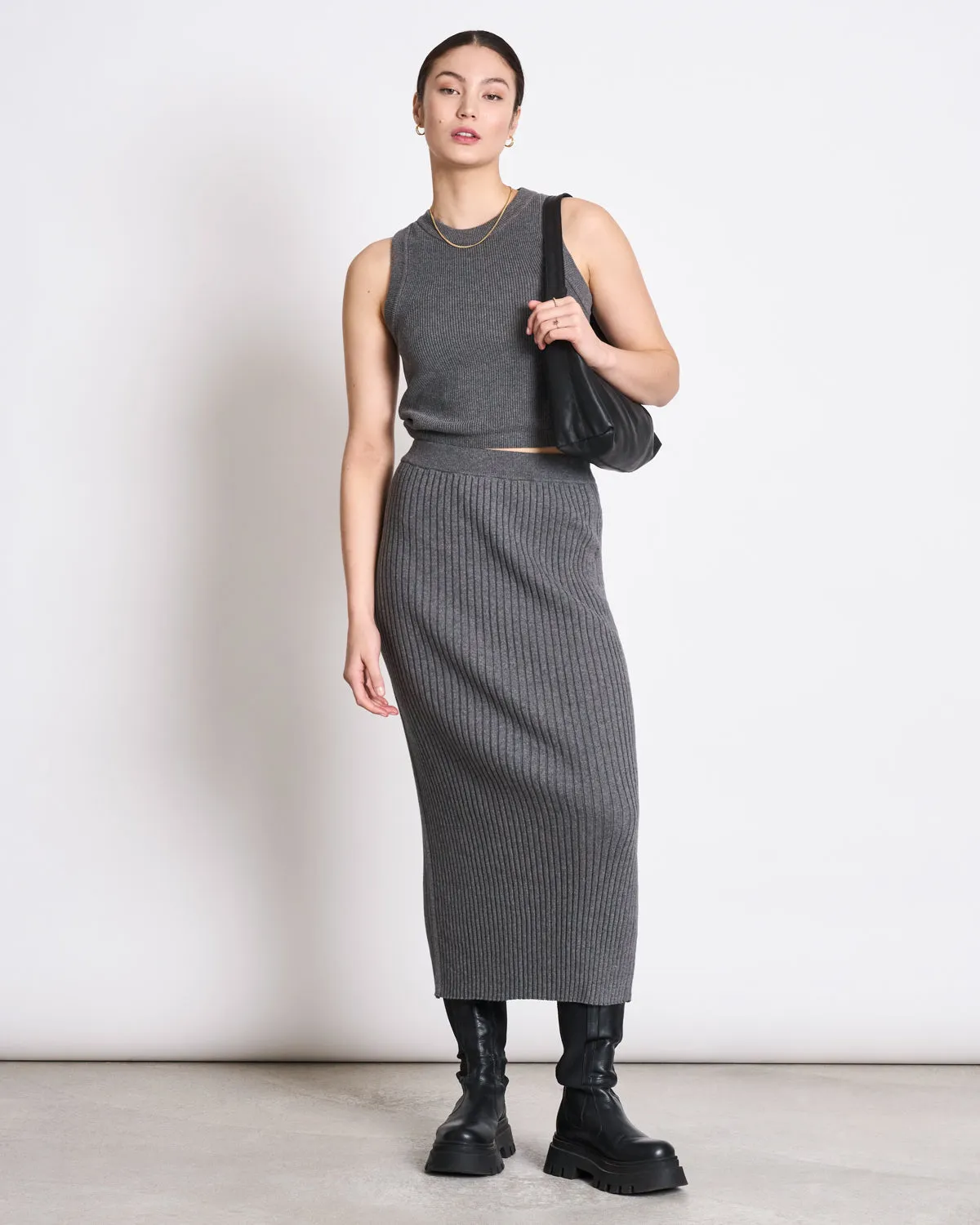 MIDI KNIT SKIRT EBBA DARK GREY GOTS