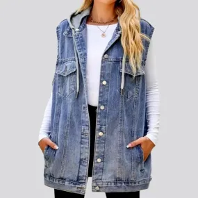 Mixed-fabrics hooded denim vest for women