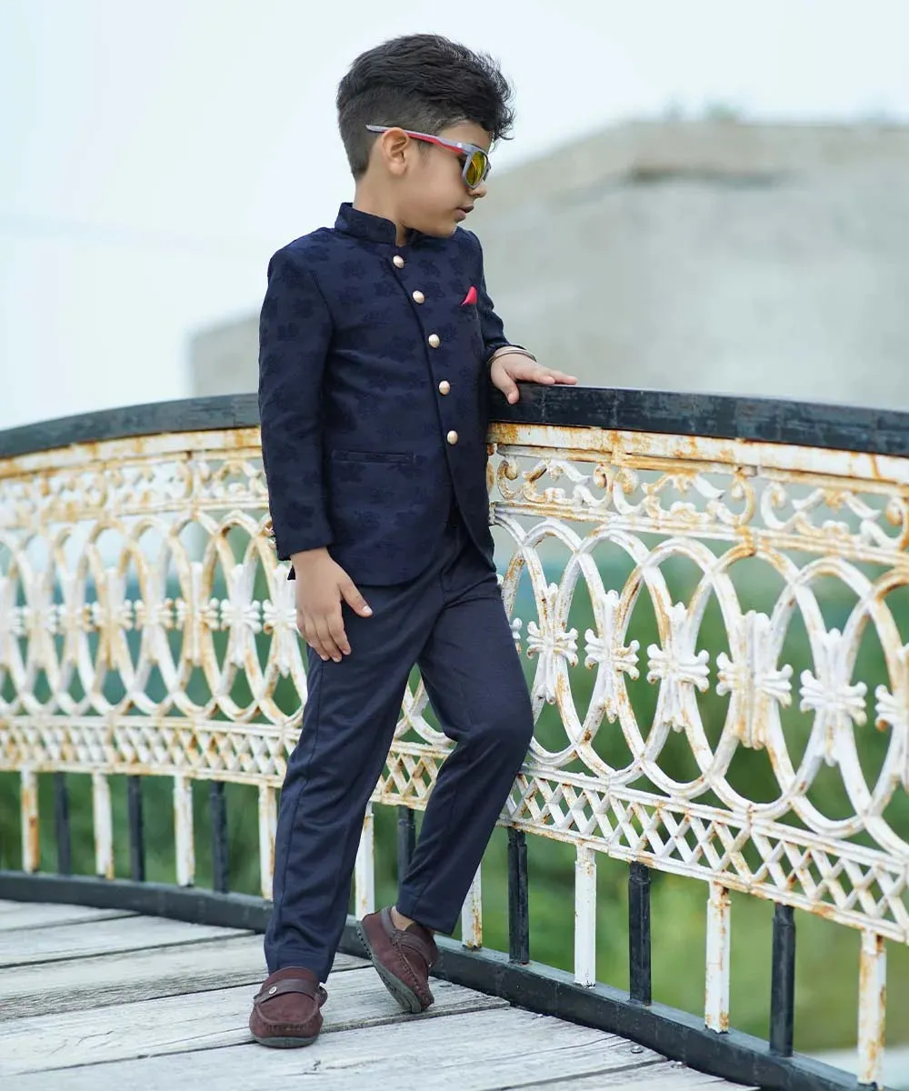 Navy Self Jacquard Design Jodhpuri Suit for Boys