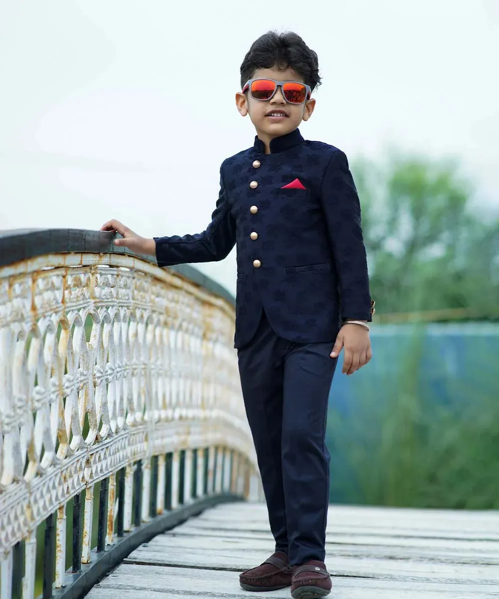 Navy Self Jacquard Design Jodhpuri Suit for Boys