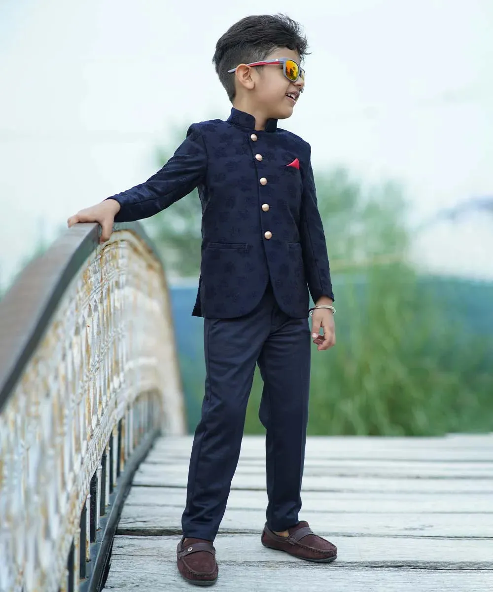 Navy Self Jacquard Design Jodhpuri Suit for Boys