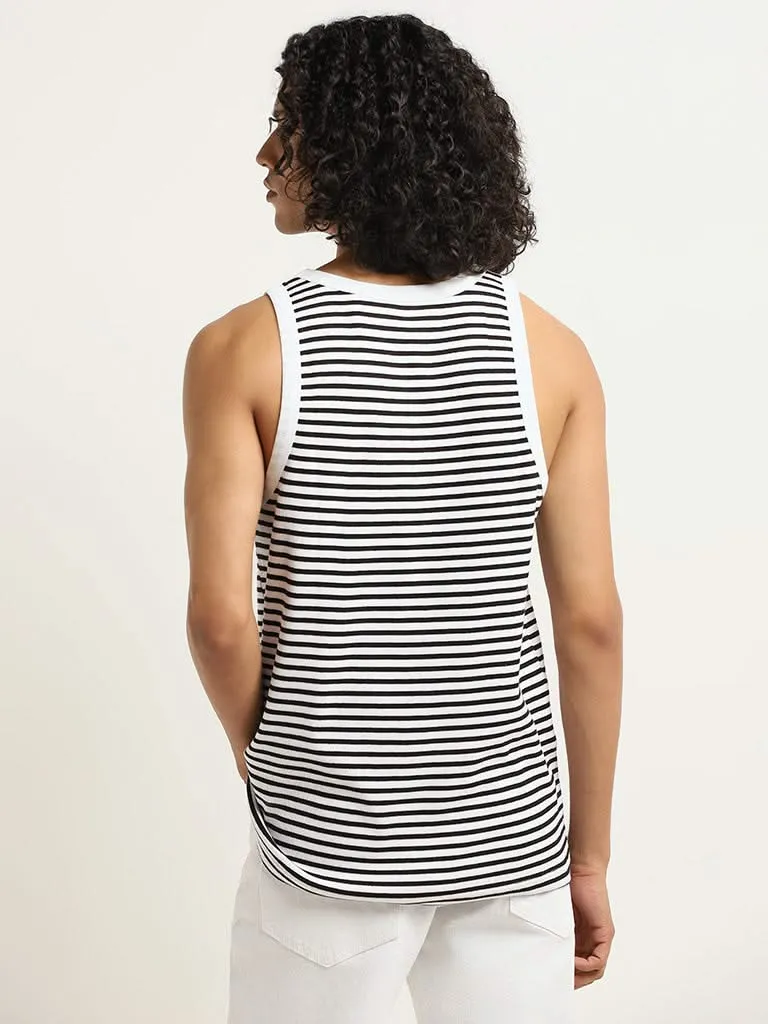 Nuon Black Striped Cotton Blend Slim Fit Vest