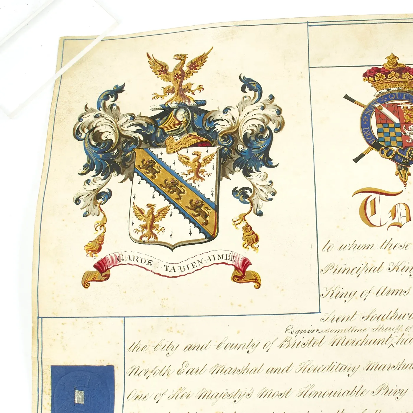 Original British 1840 Cased Arms Document Awarded by Queen Victoria to Peter Maze Esquire of Bristol