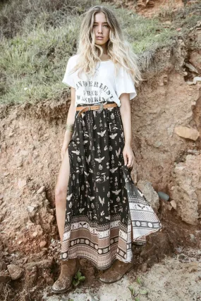 Phoenix Boho Maxi Skirt In "Mustang" Black And Tan Aztec Bohemian Border Size Small Medium Large Or Extra Large