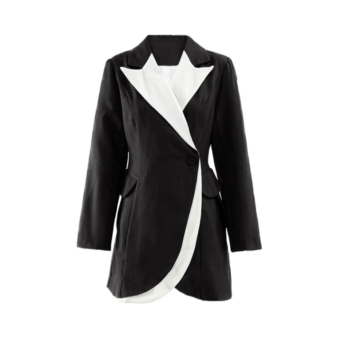 Pre Order:  Slanted Collar Overlapping Color Block Coat