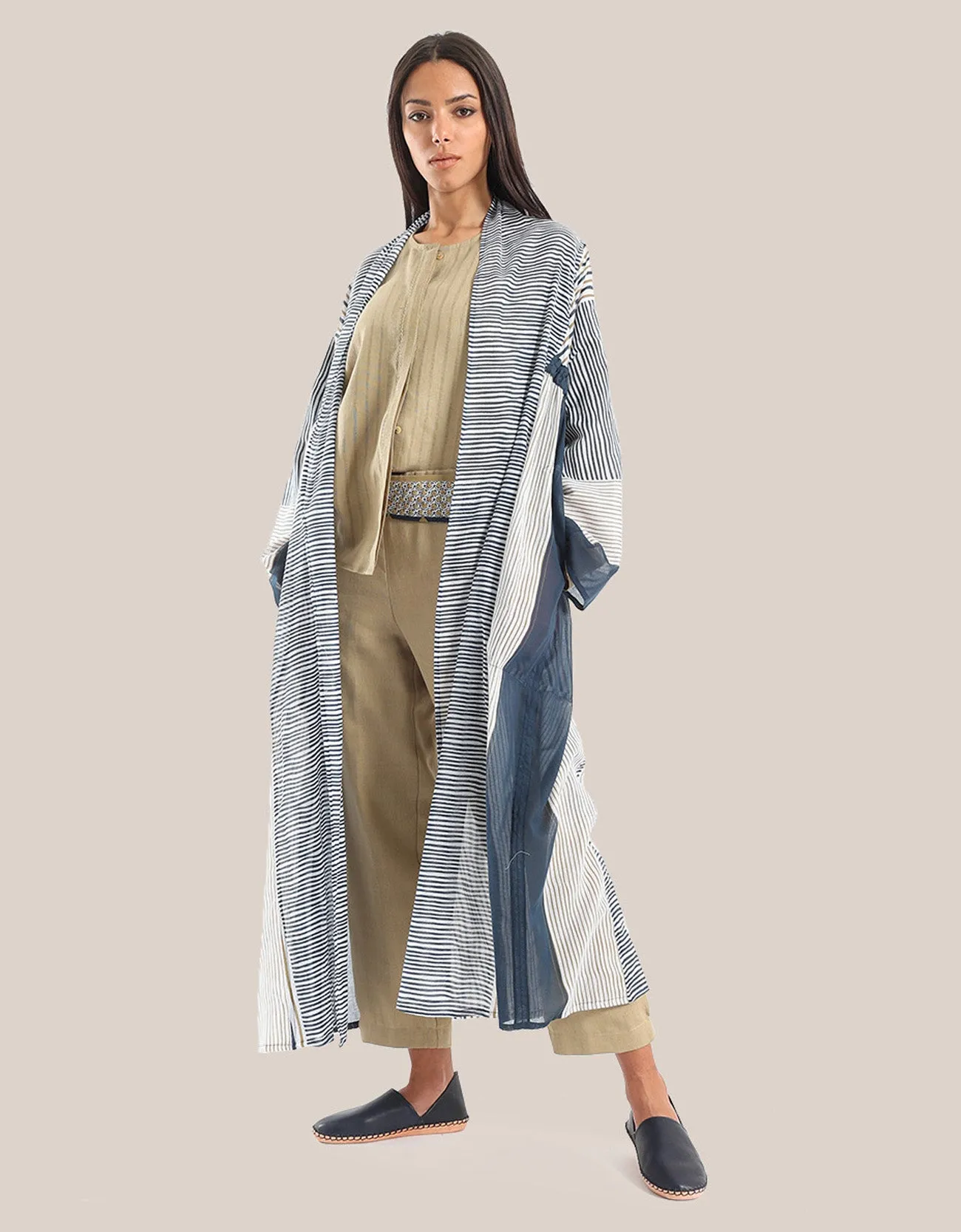 Printed long coat with shawl collar