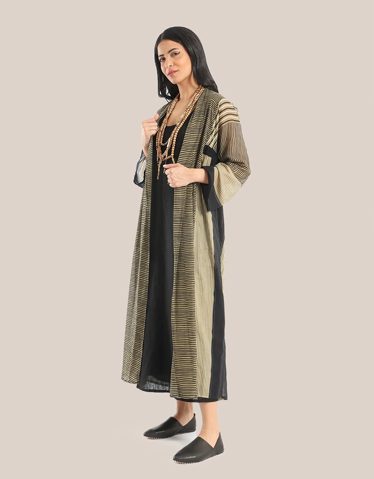 Printed long coat with shawl collar