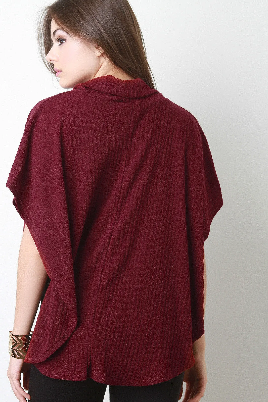 Ribbed Knit Cowl Neck Poncho Top