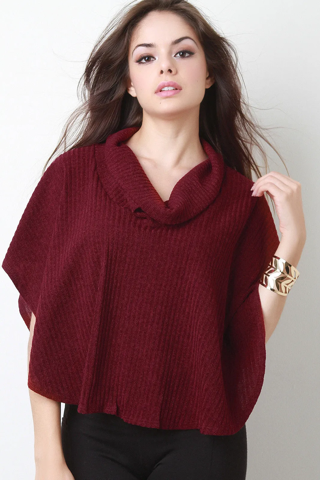 Ribbed Knit Cowl Neck Poncho Top